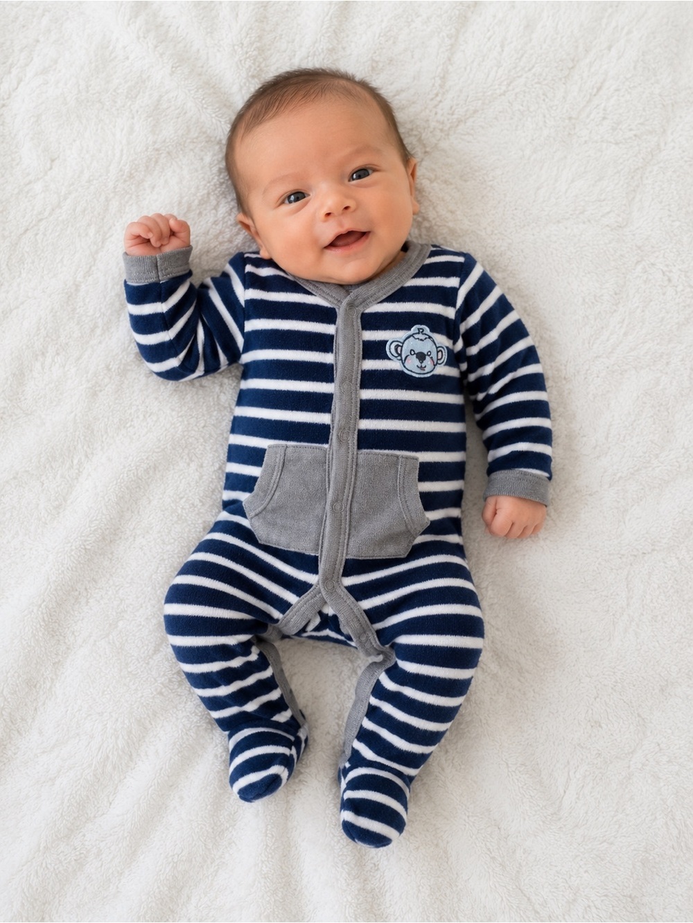 NEWBORN Koala Kids Navy & White Striped Footie with Gray Trim